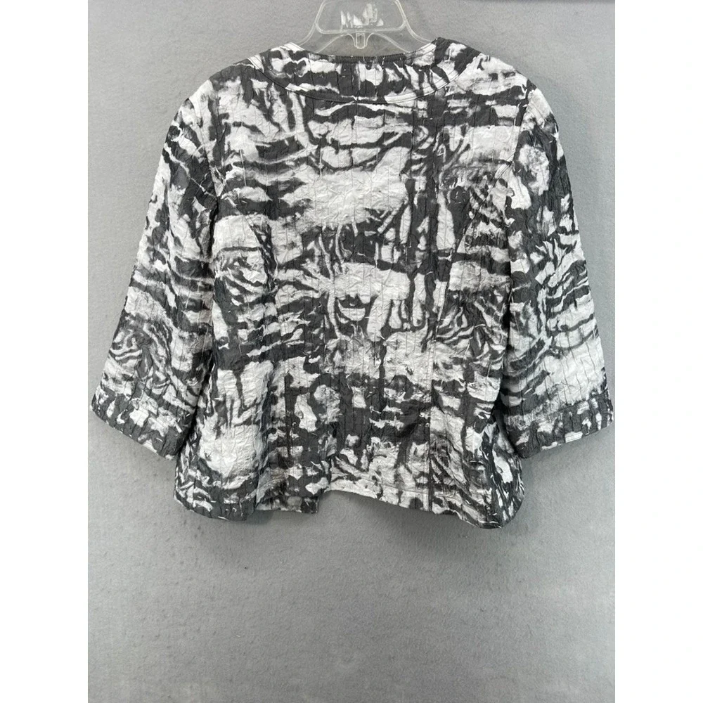 Coldwater Creek Jacket Blazer Womens L Black White Abstract‎ Crinkle Open Front